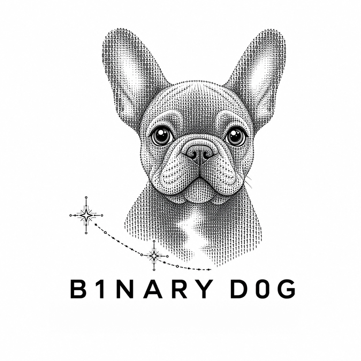 Binary Dog artwork: a dog rendered from binary digits, with stars and orbital detailing